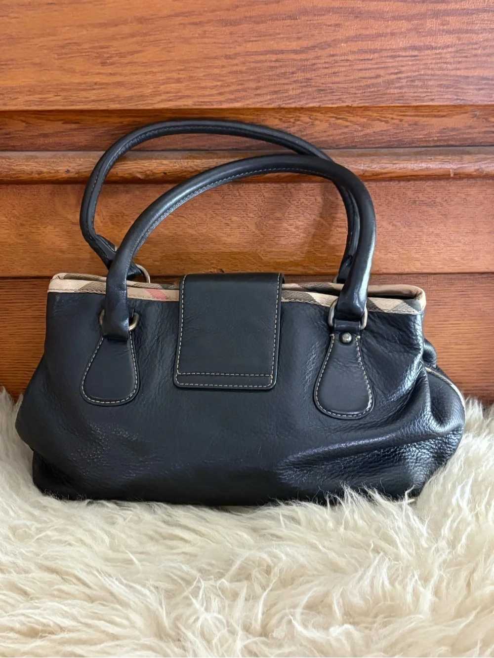 Burberry Black Pebble Soft Leather Satchel Bag with Plaid Trim